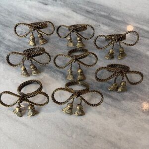 8 Vintage Bow Tied Rope Brass Napkin Rings Gold Tone